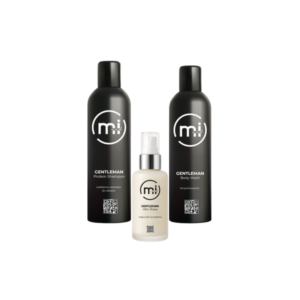 Trzy produkty do włosów marki m&i: czarny szampon i odżywka w wysokich butelkach oraz jasne serum z pompką na środku, ustawione na białym tle.