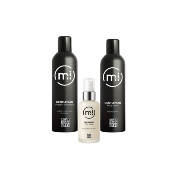 Trzy produkty do włosów marki m&i: czarny szampon i odżywka w wysokich butelkach oraz jasne serum z pompką na środku, ustawione na białym tle.